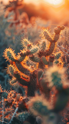 Hyper realistic dreamy photo of abstract cactus with glowing shells in the desert captured