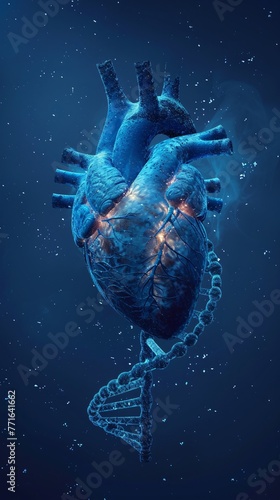 Schematic representation of a human heart perfectly synced with a DNA spiral against a monochromatic blue background highlighting the beauty of human biology © Sara_P