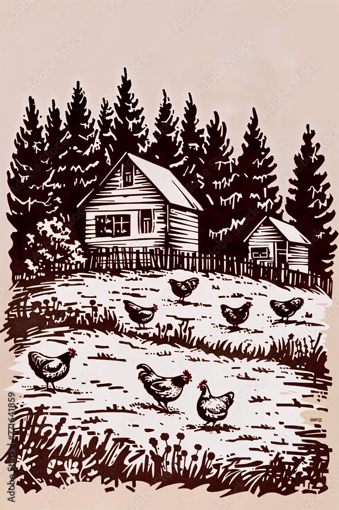 Engraving Landscape, Hen and Barn, Farm Life Etching, background for Country Lifestyle, Nature Concept, Agritourism Marketing, Rustic Home Decor Inspiration, Card, Poster, Illustration , Banner, Tag Engraving Landscape, Hen and Barn, Farm Life Etching, background for Country Lifestyle, Nature Concept, Agritourism Marketing, Rustic Home Decor Inspiration, Card, Poster, Illustration , Banner, Tag