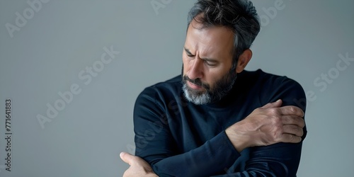 Man in pain holding elbow on gray background possibly due to a pinched nerve or injury. Concept Injury, Pinched Nerve, Elbow Pain, Gray Background, Health Condition