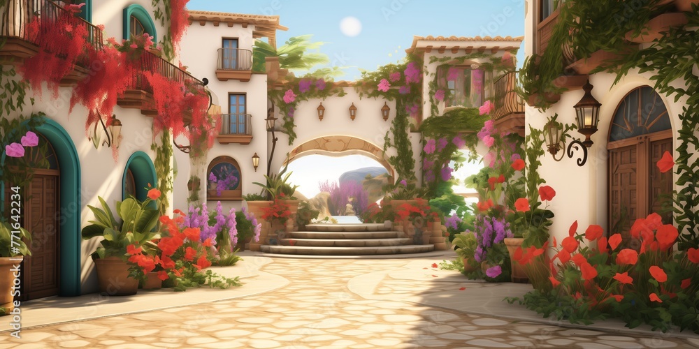 Revel in the charm of Mediterranean architecture as you admire a cluster of quaint houses adorned with colorful flowers. Let this delightful setting influence your modern living room aesthetic.