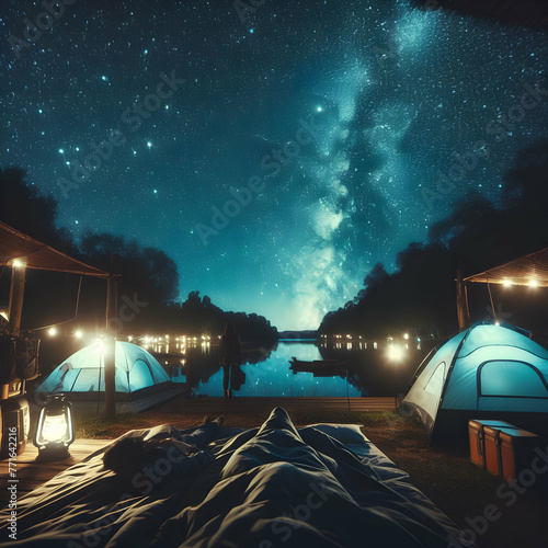 Photo real for Dreamy Night Under the Stars as Camping Adventure in World Sleep Day theme ,Full depth of field, clean bright tone, high quality ,include copy space, No noise, creative idea