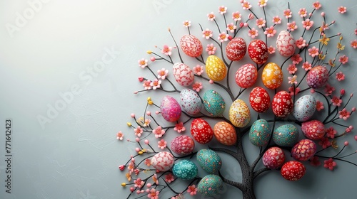 An intricate 3D-rendered Easter egg tree with eggs hanging from branches photo