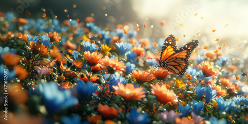 Beautiful cartoon 3D butterfly sitting on a flower in a colorful whimsical garden. Summer and blooming meadow © Kmikhidov