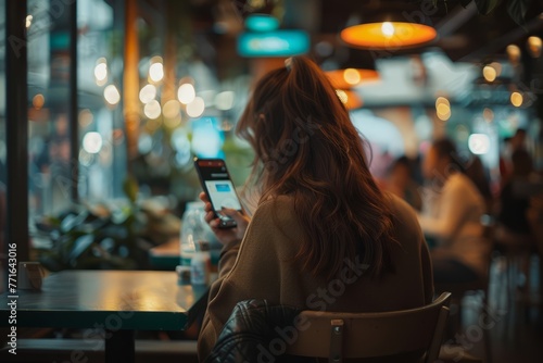 A woman sitting at a table  absorbed in her cell phone screen