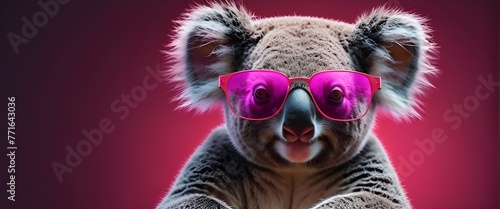 Vibrant neon background, a koala wears stylish pink sunglasses. Generative AI
