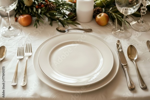 A table is set with a white plate and silverware, ready for a meal to be served