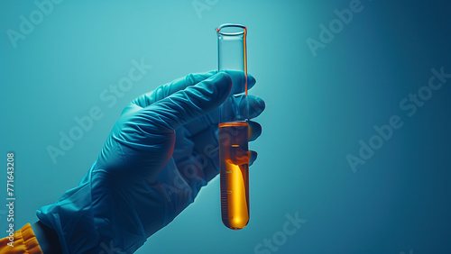 Scientist's hand holding glass test tube in research laboratory on blue background