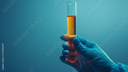 Scientist's hand holding glass test tube in research laboratory on blue background photo