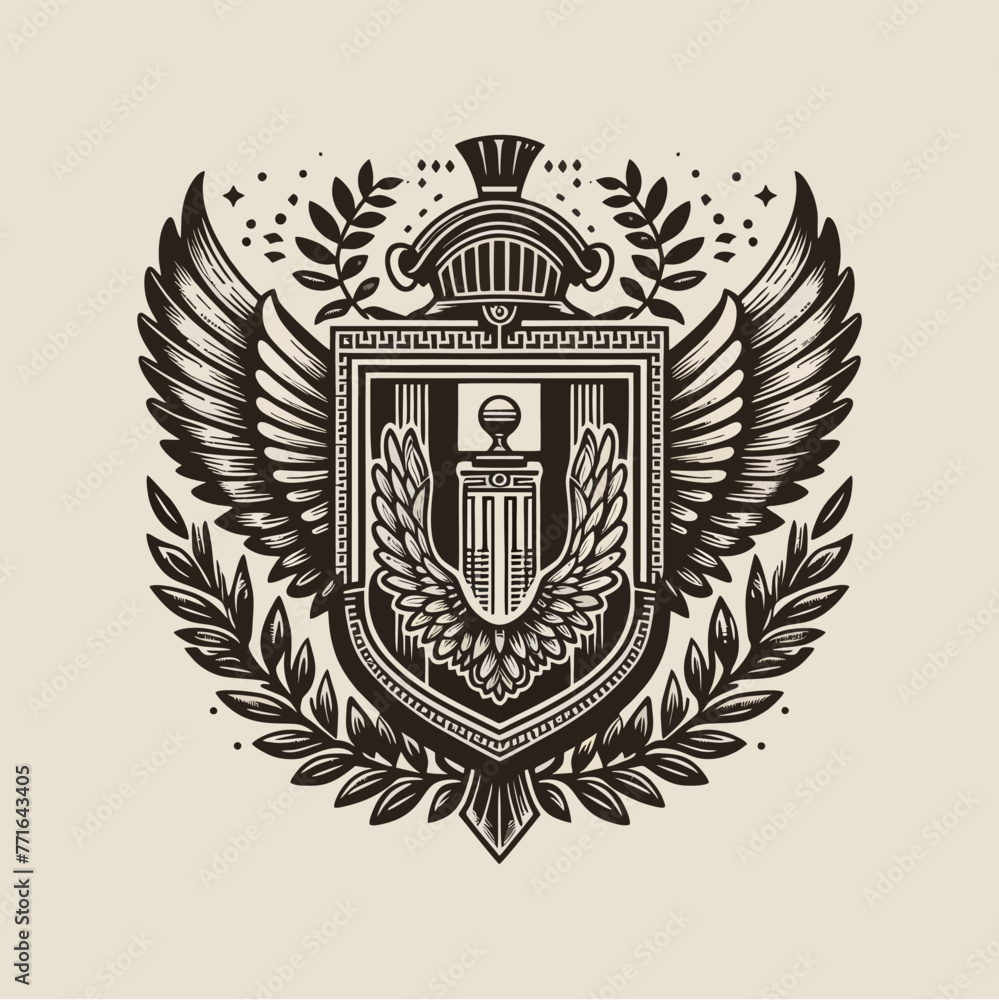 Fototapeta premium Vintage Classic Floral Shield Roman and Greek Line Drawing Style Logo Design, T-shirt and Streetwear