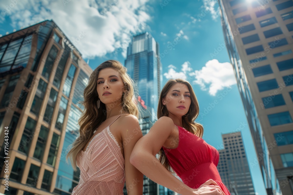 Two women are standing in front of tall urban buildings in a wide-angle shot
