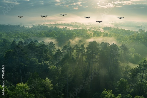 Multiple fighter jets soaring above a dense forest canopy in a wide-angle panoramic view