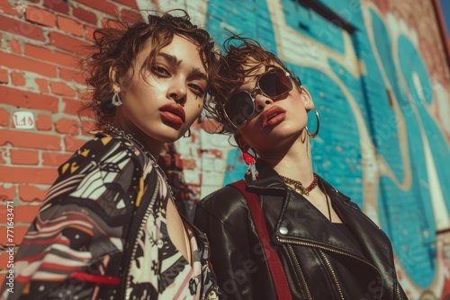 Two women wearing black leather jackets, standing next to a brick wall in an urban setting, showing off their unique styles © Ilia Nesolenyi