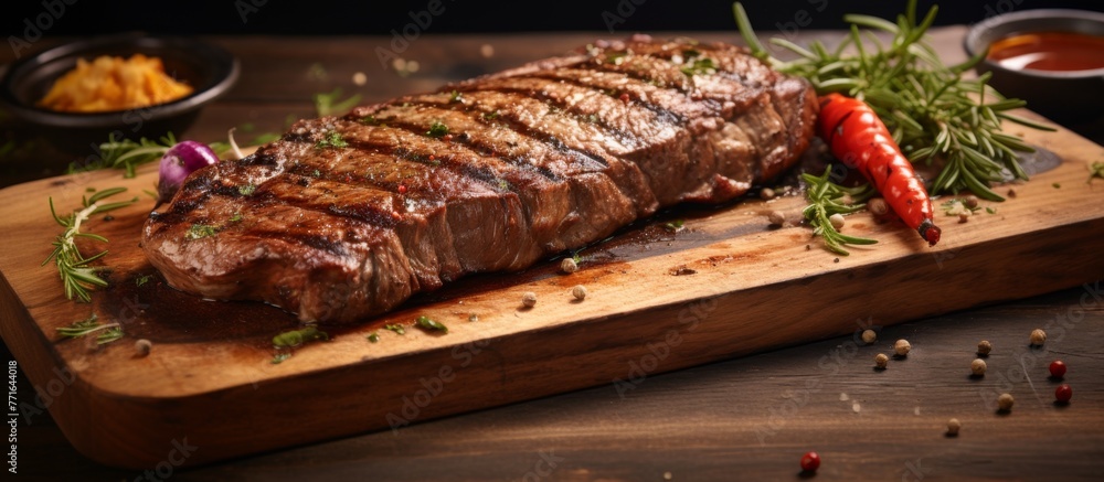 A substantial piece of steak rests on a rustic wooden cutting board, making it a key ingredient for a delicious dish with fines herbes in the making