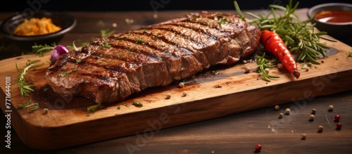 A substantial piece of steak rests on a rustic wooden cutting board, making it a key ingredient for a delicious dish with fines herbes in the making