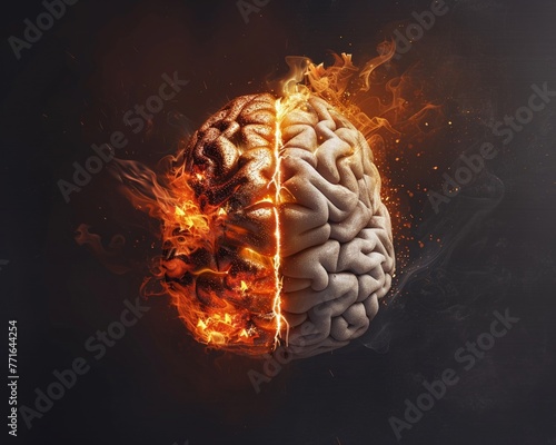 A human brain with one half emitting powerful bursts of light and energy, while the other half remains dormant and dark this contrast should symbolize the consequences of fully unlocking 