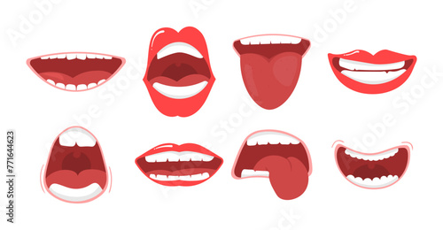 Various open mouth options with lips, tongue and teeth. Smile with teeth, tongue sticking out, surprised. Funny cartoon mouths set with different expressions. Cartoon vector illustration
