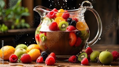 a wooden table with a pitcher of fruit and water splattering on it next a pile of kiwifruits, strawberries, oranges, and raspberries.  photo