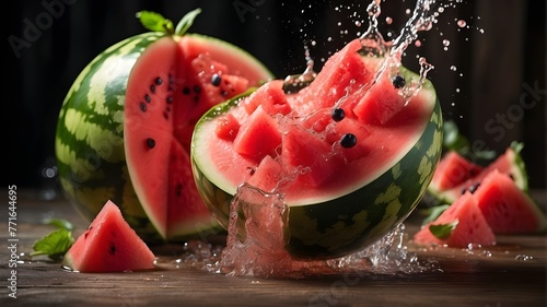 Watermelon with a spritz of liquid. A few uncooked, luscious fruits.A ripe watermelon that has been sliced into pieces and is splattering water. Watermelon with a spritz of liquid. A few uncooked, lus photo