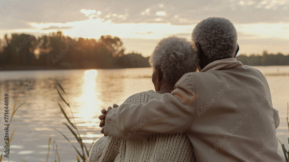 Two seniors are embracing by a lake at sunset.