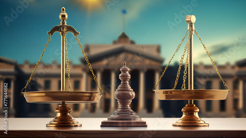 Fairness scales of justice against court house building background banner concept of business financial