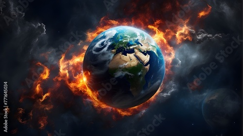 Earth suspended in outer space, composed of the elements fire, air, water, and smoke