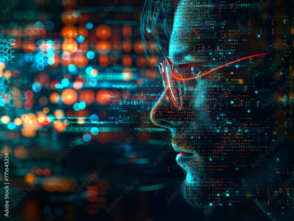 Fototapeta premium Cyber Professional: Serious Man in Glasses Surrounded by Futuristic Glow. The concept of virtual reality and cyberpunk.