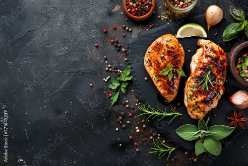 Two seasoned chicken breasts are displayed on a black plate, showcasing a mouthwatering blend of herbs and spices