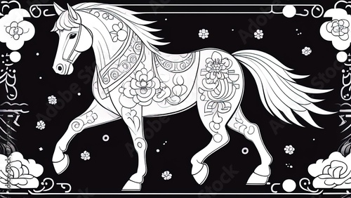 Chinese new year 2026 of the Horse. Greeting or invitation card for the holiday. illustration. coloring book