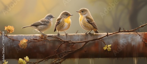 Three songbirds are perched on a twig of a tree, with their colorful feathers on display. They chirp happily, showcasing the beauty of wildlife in action © AkuAku