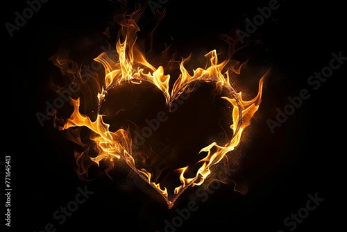 Burning heart shape made of realistic fire flames isolated on black, passion concept