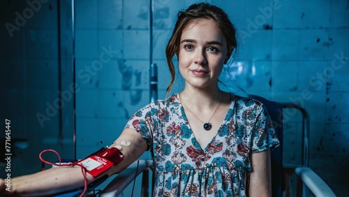 pretty young woman sits on donor chair and donates blood, attached to blood bag in arm, june 14th world blood donor day, donate blood, healthcare and charity, help people, good conscience, copy space photo