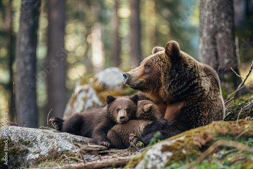 Brown bear mother and cub in forest, wildlife animal family portrait, nature photography