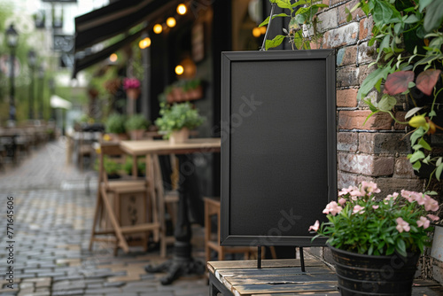 Empty black menu board mockup near restaurant or cafee entrance. Café menu on the street, advertising black mockup photo