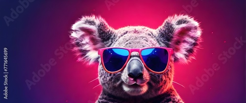 Vibrant neon background, a koala wears stylish pink sunglasses. Generative AI © Carlos