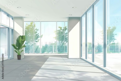 Bright and airy open space office with large windows, ideal virtual background, digital illustration photo
