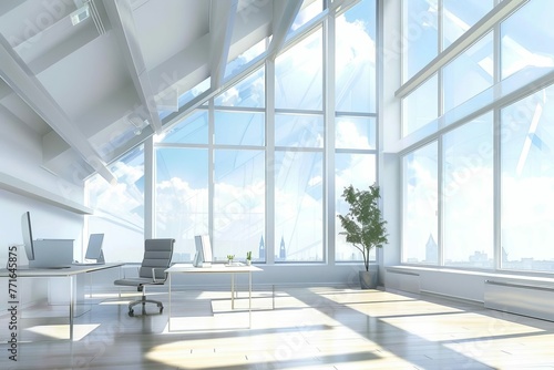 Bright and airy open space office with large windows, ideal virtual background, digital illustration