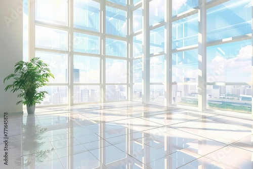 Bright and airy open space office with large windows  ideal virtual background  digital illustration