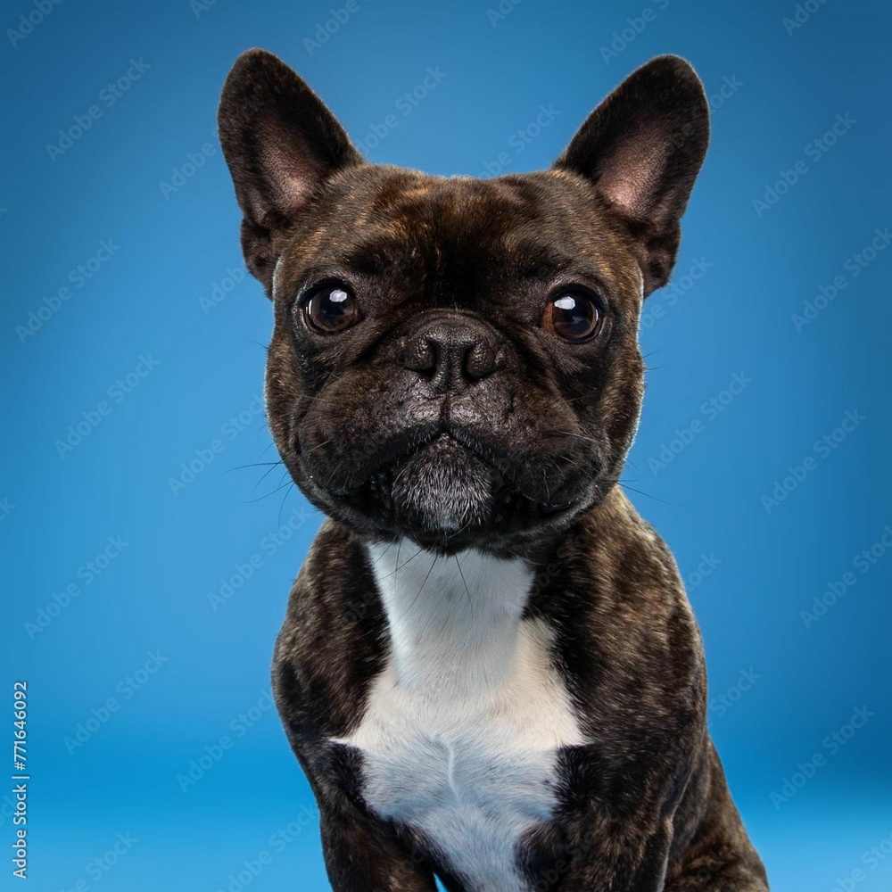 
Beautiful french bulldog dog isolated on blue background. looking at camera . front view. dog studio portrait.
happy dog .dog isolated .puppy isolated .puppy closeup face,indoors.blue background .
