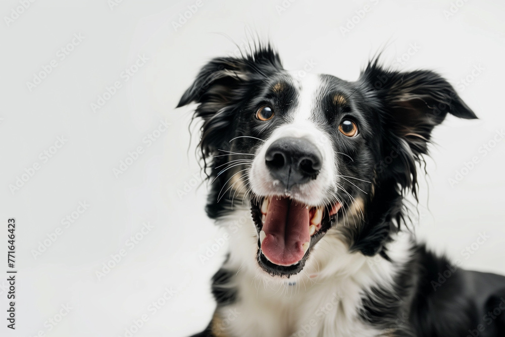 Border collie dog portarit, friendly dog looking at camera, smiling, white background, pet Portrait