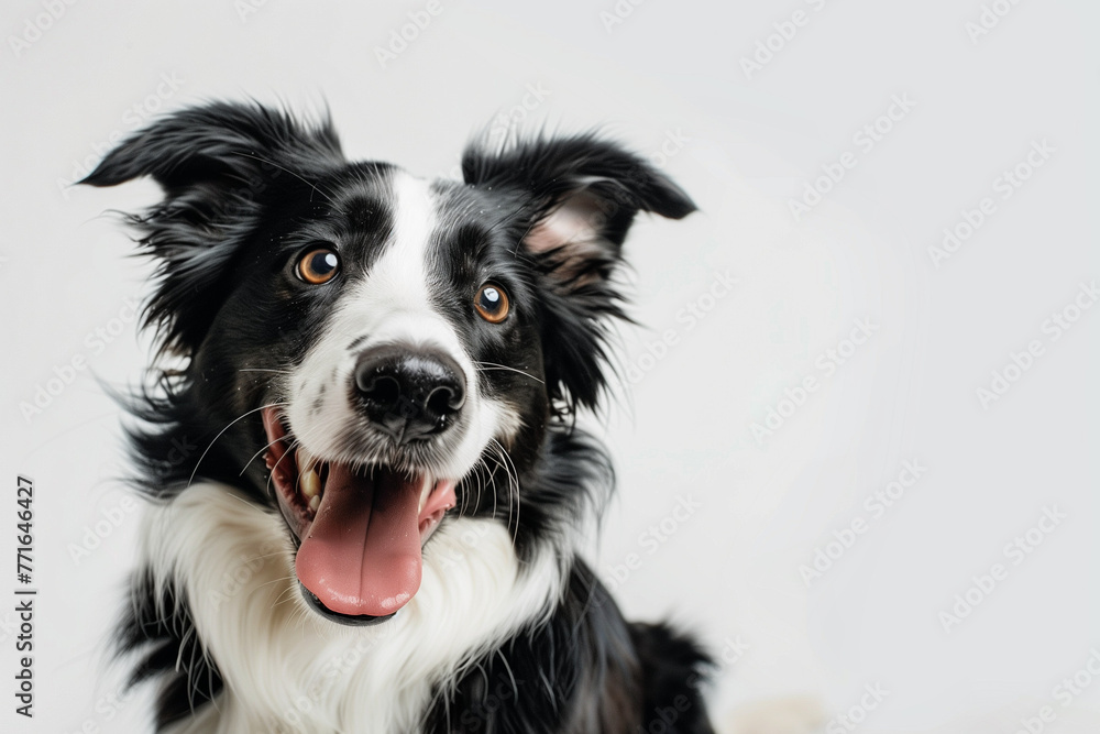 Portrait of a friendly dog smiling, white background for copy space 