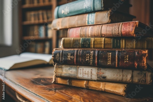 A stack of vintage books resting on a wooden table, showcasing a nostalgic and intellectual scene for bookworm-themed desktops