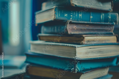 A closeup of a stack of vintage books on a desk, showcasing nostalgia and intellectual pursuits for bookworm-themed desktop decor