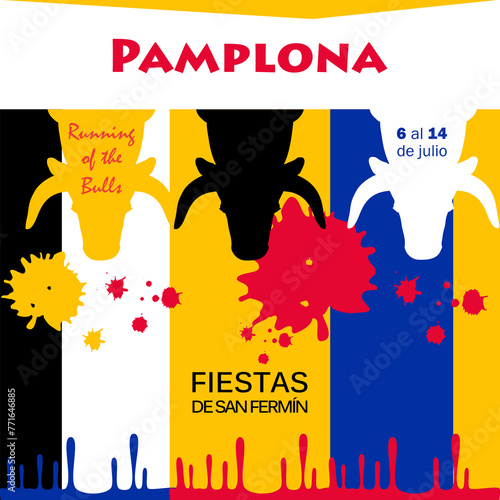 Spain fiestas Bullfighting abstract poster. Spanish San Fermin Festivals wallpaper. Running of the bulls main attraction famous celebration Pamplona fiesta Bullfight firework matador Corrida arena art