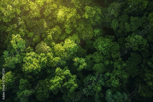 High-angle view of a vibrant green forest canopy with dappled sunlight filtering through the trees
