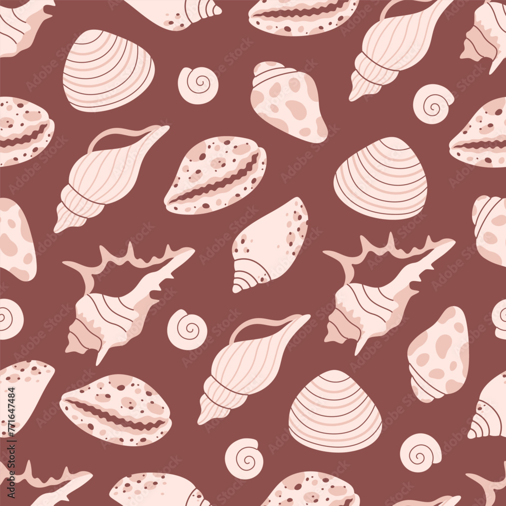 Seamless pattern with sea shells, mollusks, sea snails. Tropical beach shells. Summer seamless pattern. Vector illustration in flat style Seamless pattern with sea shells, mollusks, sea snails. Tropical beach shells. Summer seamless pattern. Vector illustration in flat style