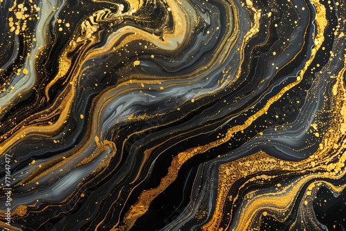 Black and gold wavy abstract pattern, horizontal banner with acrylic paint pouring rock marble texture