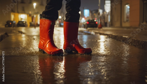 Feet of a person wearing red rubber boots, walking through rainwater and puddles in bad weather - ai generated