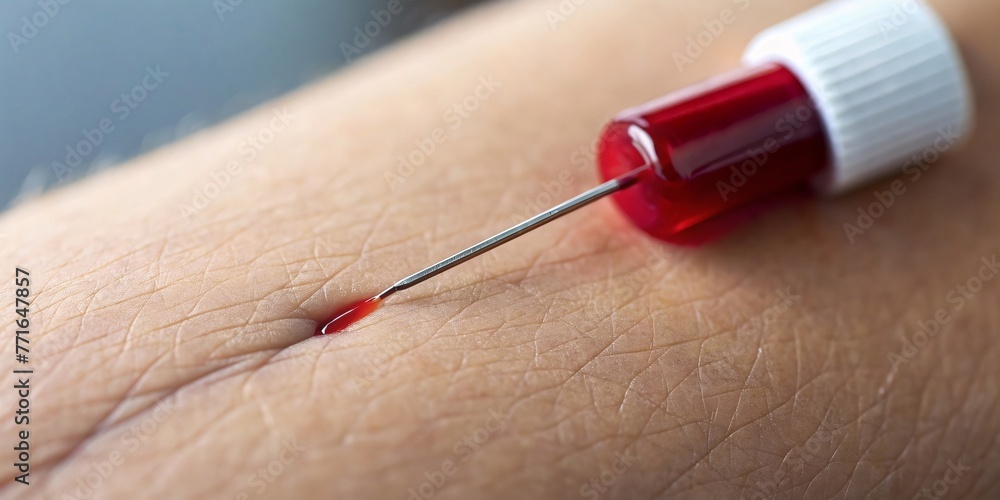 close-up needle and blood-filled cannula from a needle stick to donate blood, appeal for june 14 world blood donor day in hospital, healthcare and charity, helping people, good conscience, copy space - obrazy, fototapety, plakaty 