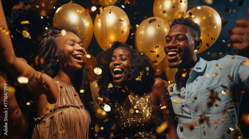 Exuberant friends laugh and celebrate with gold balloons and falling confetti.